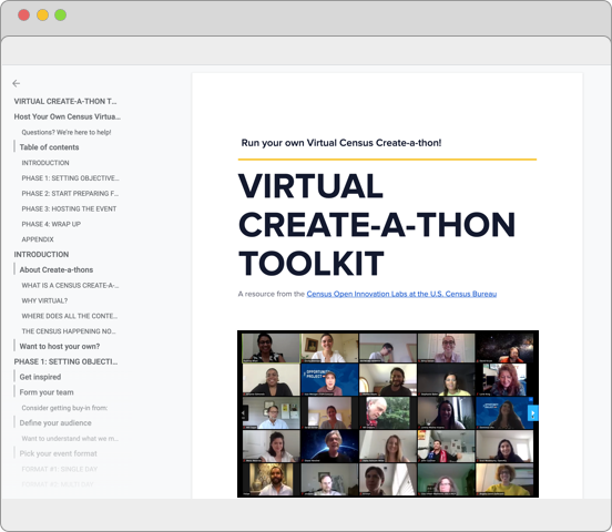 Screenshot of the Virtual Create-a-thon toolkit document. The first page is visible, and has the title and an image of a zoom meeting with about 25 participants.