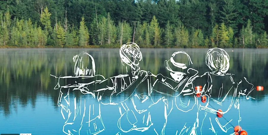 Photo of a lake with a forest of pinetrees visible across the water. Over the photo is a sketch of four people, facing away from the viewer, sitting in a row with their arms interlocked around each other