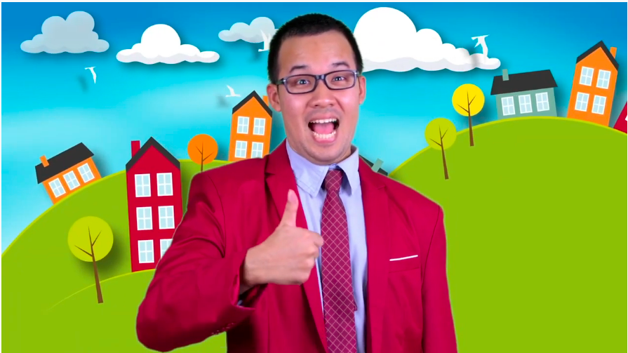 Photo of a smiling man doing a thumbs up with an animated background of houses on hills.