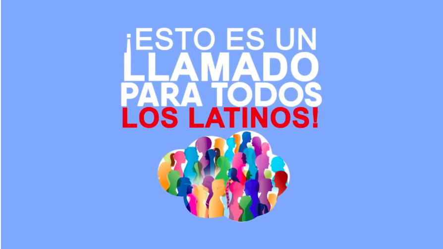 Graphic that reads Este es un llamado por todos los Latinos with an illustration featuring people's silhouettes in various colors