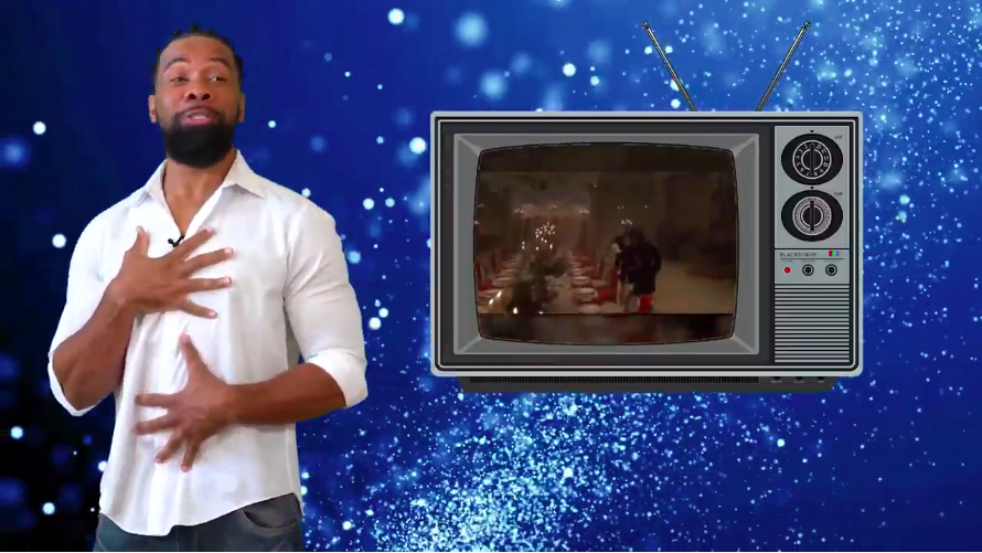 Photo of a man in a white button up shirt, overlaid on a green screen background that is blue with white sparkles. On the right side of the frame is a vintage television set with an indistinct image