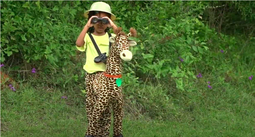 Little girl outside in a grassy area wearing a safari costume. She wears a yellow shirt, a hat, and looks through binoculars. Her pants are a giraffe costume, with her legs acting as the back legs of the giraffe, and a stuffed animal of the torso, head, and front legs extending in front