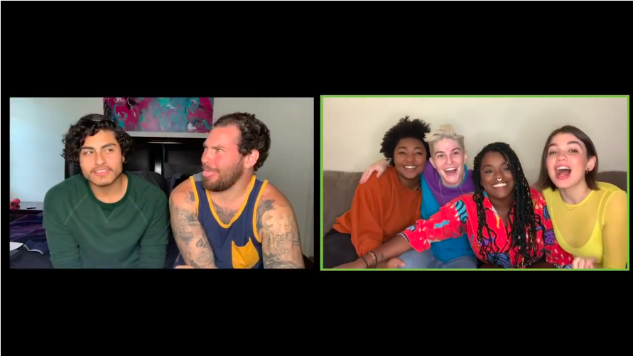 Screenshot of a video call. Two people are in the video frame on the left, and four sit on a sofa in the frame on the right.