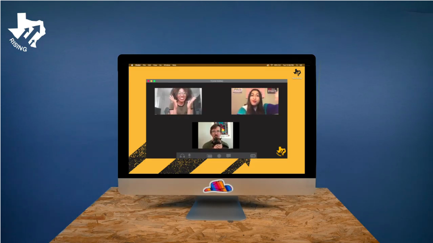 Illustration of a computer monitor with a video call open, with photos of participants