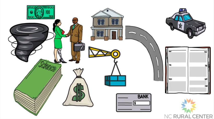 Illustration collage that includes drawings of money, roads, books, an agenda, a police car, a building, and a tornado