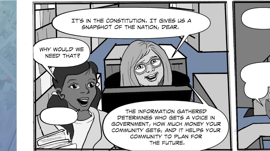 Closeup of a graphic novel. A girl is asking with her librarian about the census, and the librarian explains why it's important
